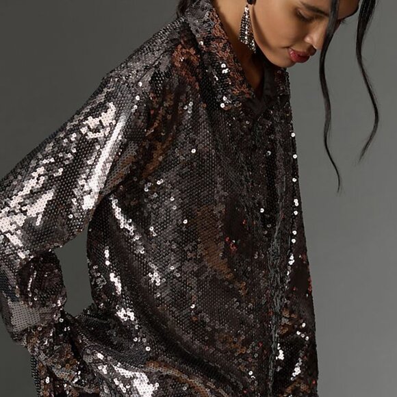 Anthropologie Good American Sequin Party Buttondown Shirt S carbon color nwt - Picture 5 of 11